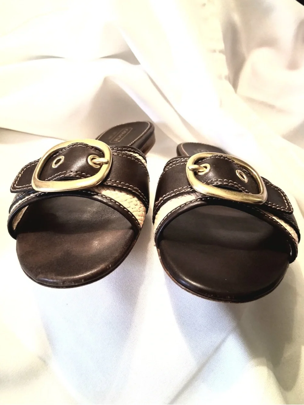 COACH Brown & Beige Leather Buckle Woven Flat Slide Sandals Size: 8.5